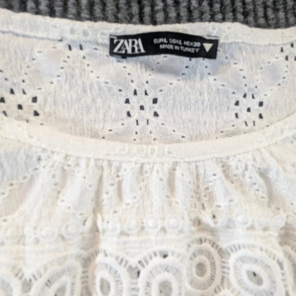 Zara White Eyelet Lace Crochet Boho Balloon‎ Sleeve Blouse Large